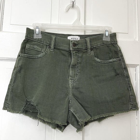 pistola Pants - Pistola Winston High Rise Stretch Green Distressed Hey Shorts - Olive Size 26